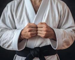 focused individual tying gi, showcasing strong hands and black belt. image captures dedication and discipline of martial arts practice photo