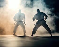 Martial artists practicing jiu jitsu techniques in smoky environment, showcasing their skills and focus. dramatic lighting enhances intensity of moment photo