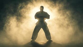 Martial artist silhouette in smoky background, showcasing strength and focus. dramatic lighting enhances intensity of moment, creating powerful visual impact photo