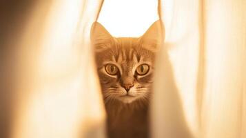 curious cat peeks through curtain, showcasing its striking eyes and soft fur. warm light creates cozy atmosphere, highlighting feline inquisitive nature photo