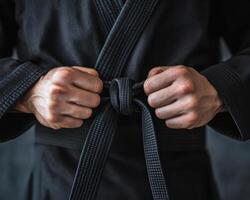 focused individual tying black belt in martial arts gi, showcasing determination and skill. hands are prominently featured, emphasizing importance of ritual photo