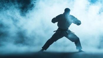martial artist in fighting stance, silhouetted against smoky background, exuding strength and focus photo