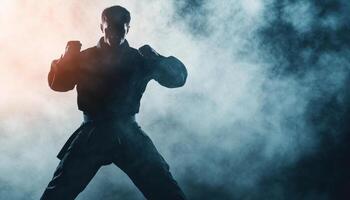 martial artist in fighting stance, silhouetted against smoky background, exudes strength and determination. dramatic lighting enhances intensity of moment photo