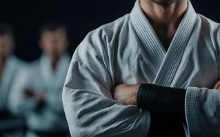 Focused martial artist in white gi with crossed arms, preparing for jiu jitsu tournament. blurred background features other practitioners, emphasizing dedication and discipline photo