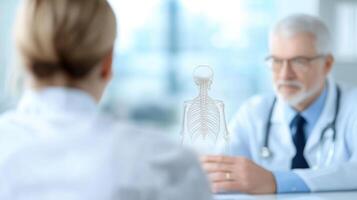 Senior couple discussing medical options with doctor, focusing on health. doctor explains using skeletal model, emphasizing importance of understanding anatomy photo