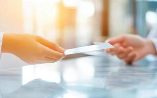 Hands exchanging health insurance cards in bright setting, symbolizing care and support photo