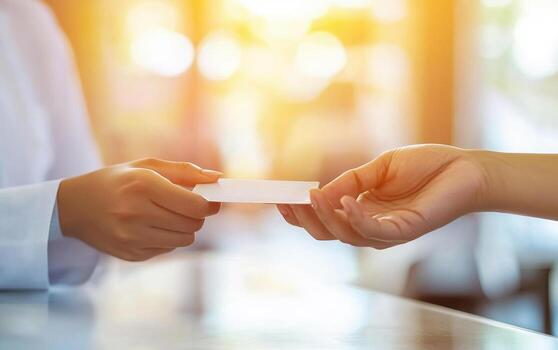 Hands exchanging health insurance cards in bright setting, symbolizing care and support. This moment captures importance of health services and accessibility photo