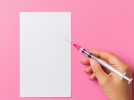 hand holding syringe above blank sheet of paper on pink background, symbolizing medical themes and healthcare photo