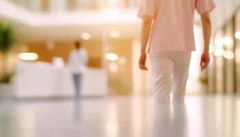 nurse guides patient through modern healthcare facility, showcasing warm and supportive environment. soft focus emphasizes caring atmosphere of hospital photo