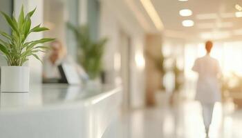 nurse assists patient in bright, modern healthcare facility, showcasing welcoming atmosphere with greenery. scene emphasizes care and professionalism photo