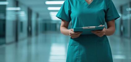 Healthcare worker in scrubs holding clipboard in hospital corridor, conveying professionalism and care. blurred background emphasizes focus on worker photo