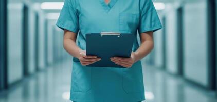 Healthcare worker in scrubs holding clipboard in hospital corridor, conveying professionalism and dedication. blurred background emphasizes focus on worker photo