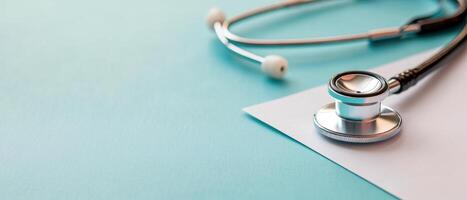 sleek stethoscope rests on sheet of health insurance paperwork, symbolizing connection between healthcare and documentation. This conveys professionalism and care in medical field photo