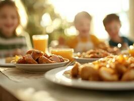 Delicious holiday family dinner with children enjoying festive meal, featuring plates of roasted chicken, vibrant sides, and refreshing drinks photo