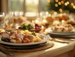 festive holiday dinner table featuring roasted chicken, vegetables, and side dishes, surrounded by warm lighting and cozy atmosphere photo
