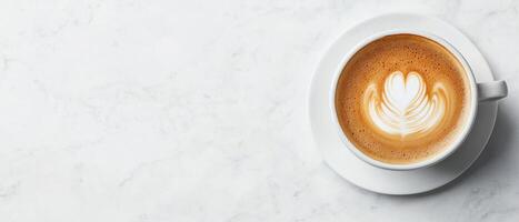 minimalist flat lay of coffee cup with latte art on marble surface, evoking sense of calm and sophistication photo