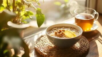 Warm bowl of oatmeal with lemon and walnuts beside a cup of tea on a sunny morning photo