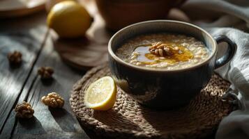 Warm bowl of oatmeal topped with honey and walnuts served with lemon slices on a rustic wooden table photo