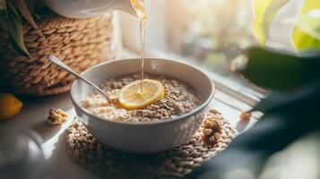 Morning routine featuring a bowl of oatmeal with lemon and nuts by the sunny window photo