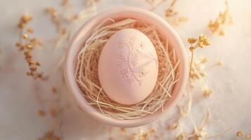 Decorative pink egg in a nest surrounded by dried flowers on a soft background photo