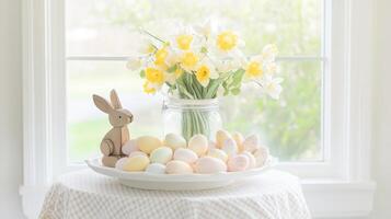 Colorful pastel eggs and daffodils create a festive spring atmosphere in a bright window setting photo