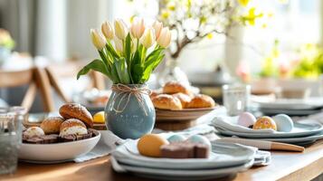 Elegant Easter brunch display with tulips, pastries, and colorful eggs in a sunny dining space photo