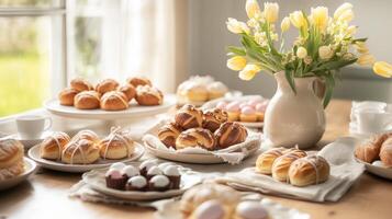 Delightful pastry spread with flowers on a sunny table showcasing various baked goods and treats photo