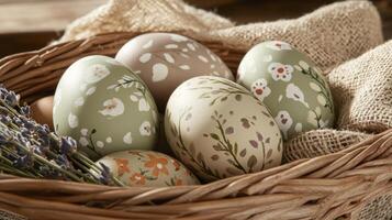Decorative Easter eggs in a woven basket with lavender and burlap accents on a rustic wooden surface photo