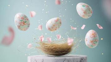 Colorful floral eggs float above a nest surrounded by pink petals on a light background photo