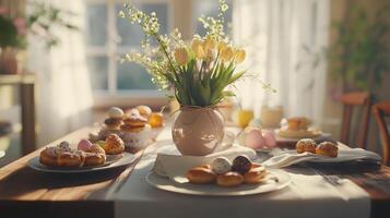 Delightful spring brunch featuring freshly baked pastries and a floral centerpiece arranged in a sunlit dining room photo