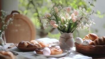 Freshly baked bread and spring flowers create a charming breakfast setting in a sunlit kitchen photo