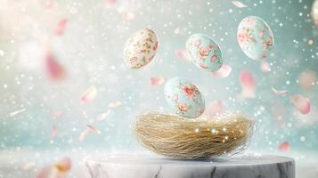 Colorful decorative eggs float above a nest surrounded by petals in a dreamy, ethereal setting photo