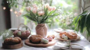 Spring celebration with pastries, flowers, and eggs on a table decorated for a festive gathering photo