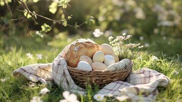 Freshly gathered eggs in a rustic basket surrounded by flowers on a sunny spring morning photo