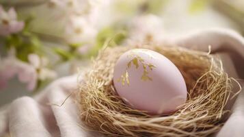 Delicate pink Easter egg rests in a natural nest surrounded by soft fabric and flowers during spring season photo
