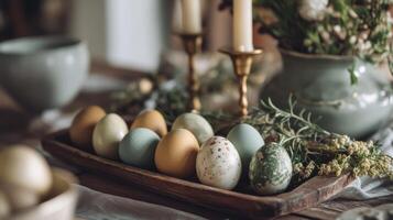 Decorative pastel eggs arranged beautifully on a wooden tray with candles and greenery in a cozy setting photo