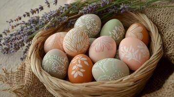 Beautifully decorated eggs in a woven basket with lavender on natural burlap background photo