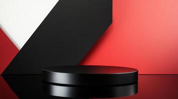 Modern display platform set against a bold geometric background of red, black, and white colors photo