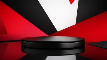 Black circular pedestal against a striking red and black geometric background featuring sharp angles and vibrant colors photo