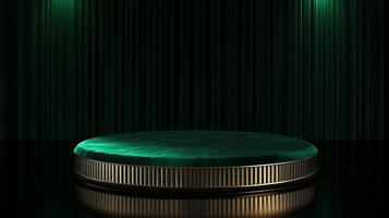 Elegant round pedestal stage illuminated by soft green lights in a darkened venue for performances or events photo