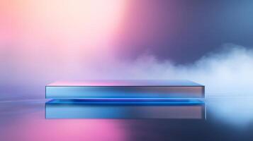 Vibrant display platform with colorful lighting and mist in a modern setting. Ideal for tech gadgets, modern accessories, or avant-garde campaigns. photo