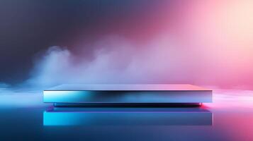 Creative studio setup featuring a sleek platform with dramatic lighting and fog effects in a vibrant atmosphere. Ideal for tech gadgets, modern accessories, or avant-garde campaigns. photo