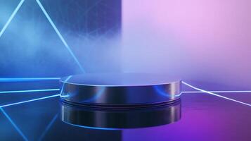 Dramatic light and fog effect on moody stage platform illuminated with blue and purple hues. Ideal for tech gadgets, modern accessories, or avant-garde campaigns. photo