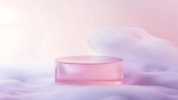 Soft pink glass display platform on a misty background creating a serene atmosphere at twilight Perfect for luxury perfumes, skincare, or wellness products. photo