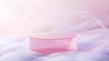 Soft pink display platform surrounded by gentle mist in tranquil lighting photo