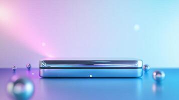 Modern display platform displayed on a surface with soft lighting and reflective ornaments photo