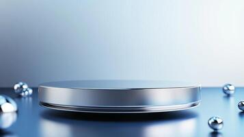 Shiny metallic display platform surrounded by small spheres and soft lighting photo
