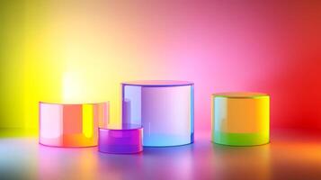 Colorful translucent geometric podiums arranged on a surface with vibrant lighting effects in a modern aesthetic setting during daytime. photo
