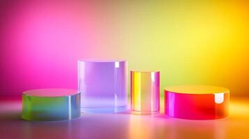 Vibrant translucent shapes podiums in diverse colors illuminated by soft lighting effects. Perfect for creative, youthful brands, modern tech gadgets, or bold accessories. photo