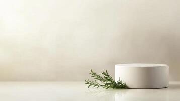 Minimalist display of a white cylindrical object with a fresh herb against a soft background in a serene setting photo